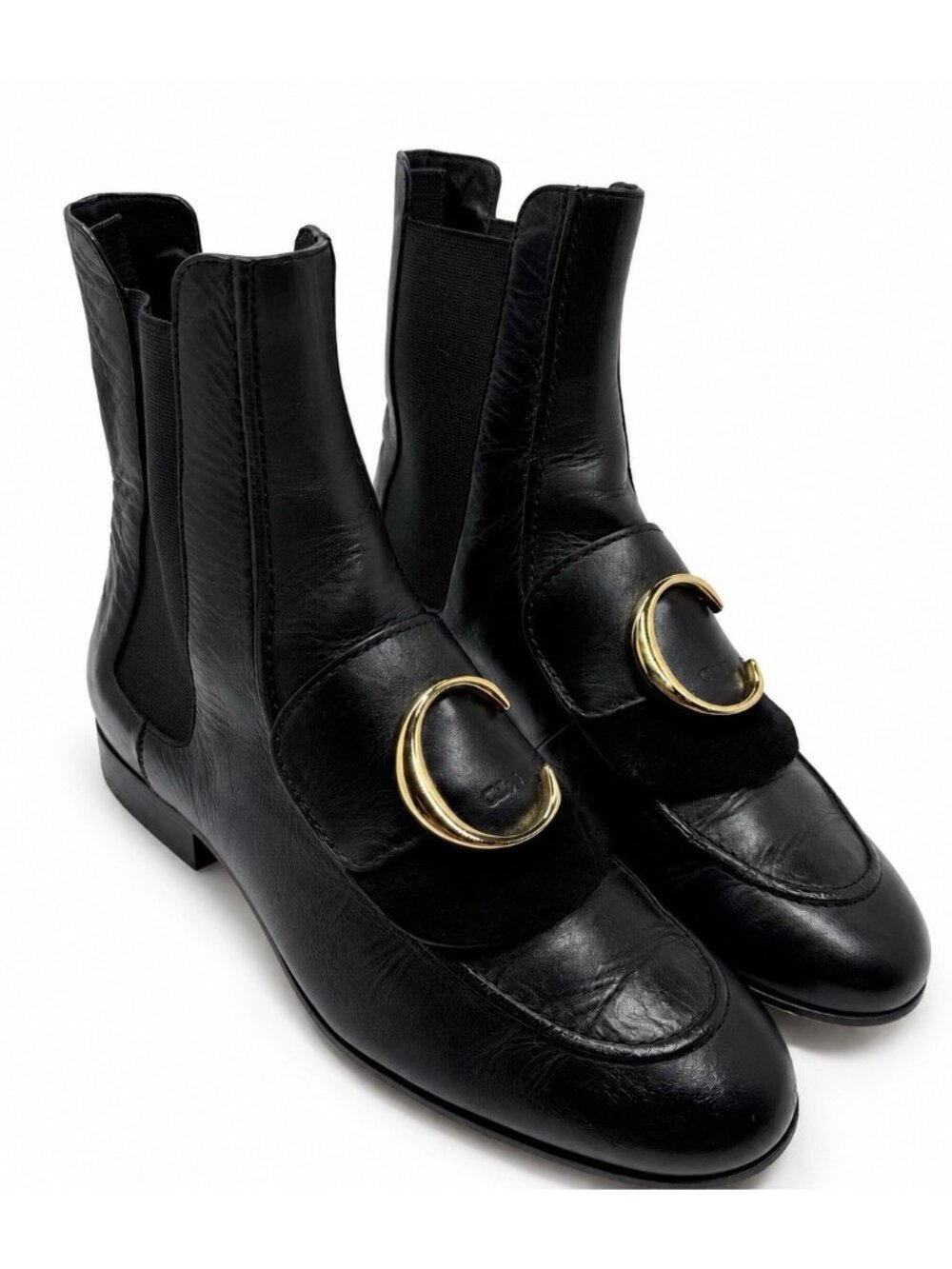 Chloe C Logo Leather Chelsea Boots Womens Size 7 Black Gold Buckle Suede Luxury